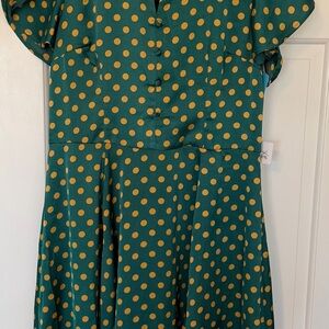 Vintage Unique brand sateen forest green/gold polka dot mid length dress